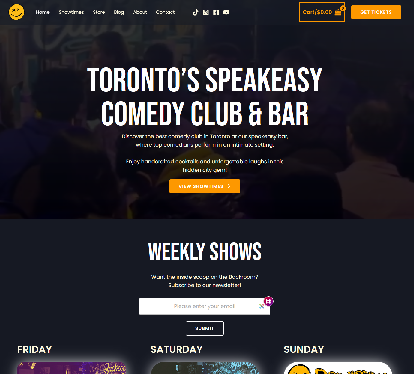 Backroom Comedy Club ticketing and marketing platform shown on desktop