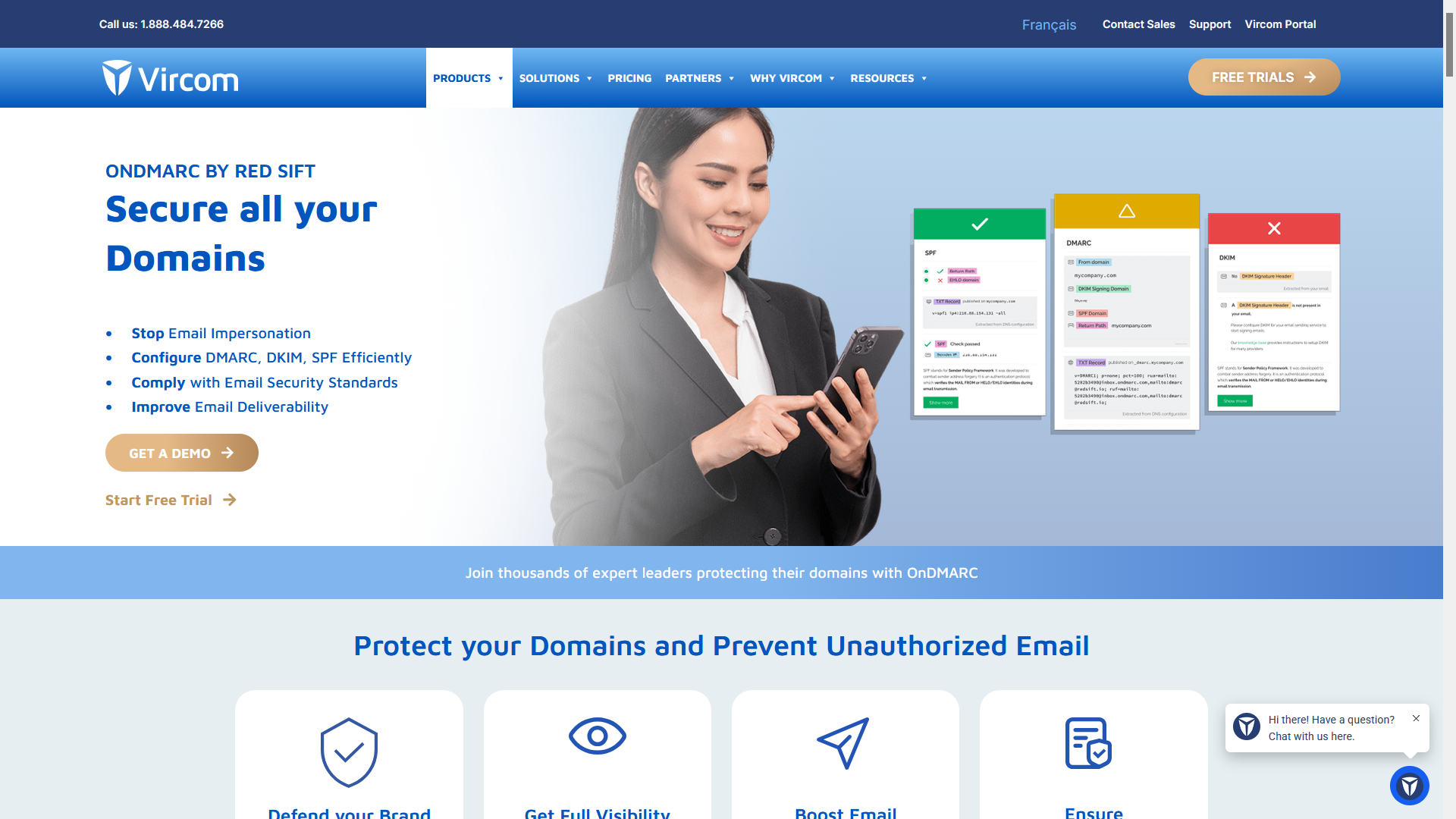 Vircom OnDMARC product landing page